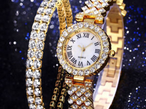 Fashion Luxury Diamond Quartz Watch Double-layer Diamond Bracelet 2PCs